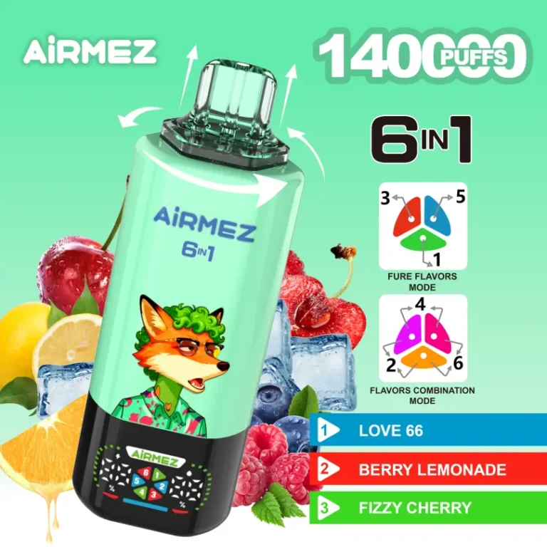 Airmez FOX 6 v 1 140K Puffs, mehanizem preklapanja okusov, Pure Flavors Mode & Flavors Combination Mode, 6 rezervoarjev, roza barva