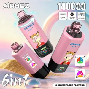 Airmez FOX 6 v 1 140000 Puffs, 6 prilagodljivih okusov, roza barva, lisji motiv z rjavo lasjo, 15ml*3 E-Liquid, Type-C polnilec, velik zaslon