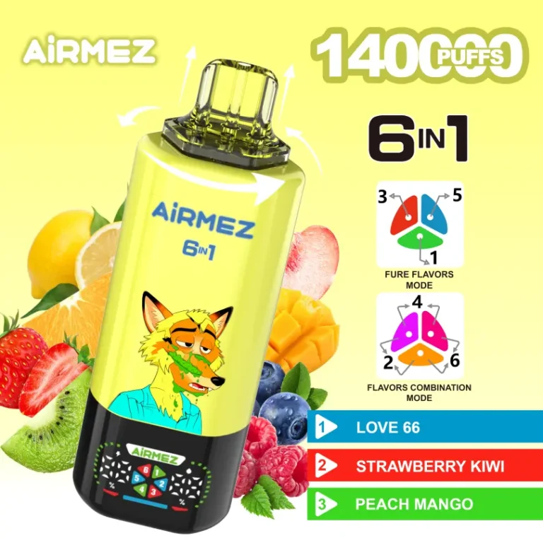 Airmez FOX 6 v 1 140K Puffs, tehnične specifikacije, 15ml*3 E-Liquid, Type-C polnilec, velik zaslon, 140000 pufov