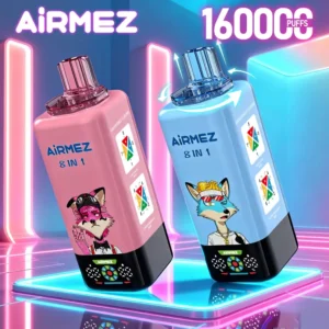 Airmez FOX 8 v 1 160K Puffs, mehanizem preklapanja okusov, Pure Flavors Mode & Flavors Combination Mode, 8 rezervoarjev, oranžna in rdeča barva