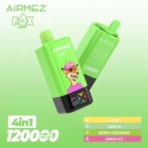 Airmez FOX 4 v 1 120K Puffs, tehnične specifikacije, mrežasti navitje, 15ml*4 E-Liquid, Type-C polnilec, 120000 pufov