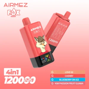 Airmez FOX 4 v 1 120K Puffs, približek lisjega lika, roza barva, lisica z vijolično kapico, 4 v 1 oznaka