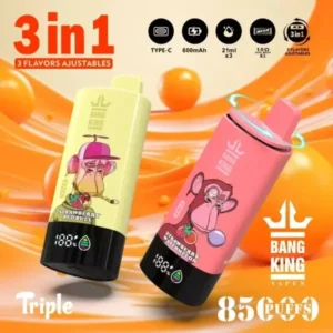 BANG KING Triple 85000 Puffs 3 v 1, tri prilagodljive okuse, okus Strawberry Red Bull in Strawberry Watermelon, rumena in roza barva, digitalni prikaz, gorilski stil