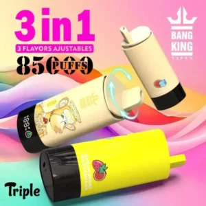 BANG KING Triple 85000 Puffs 3 v 1, tri prilagodljive okuse, okus Strawberry Watermelon, žuta in bež barva, digitalni prikaz, gorilski motiv