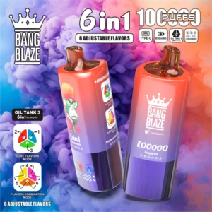 BANG BLAZE 100000 Puffs 6 v 1, 6 prilagodljivih okusov, okus Grape Ice & Purple Peach, gorilski motiv, 850mAh baterija, Type-C, LED zaslon