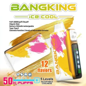 Bang King 50000 Puffs Ice Cool, dvojni prikaz, 5 stopenj prilagodljive hladnosti, zlato-roza barva, 12 okusov