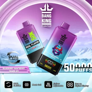 Bang King Dual Flavor 50K Puffs 2U1, dvojni okus Blueberry Raspberry & Grape Ice, vijolična barva, digitalni zaslon