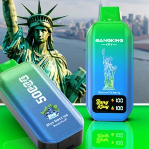 Bang King City 50000 Puffs, okus Blue Razz Ice, motiv Statue of Liberty, DelphiTech tehnologija