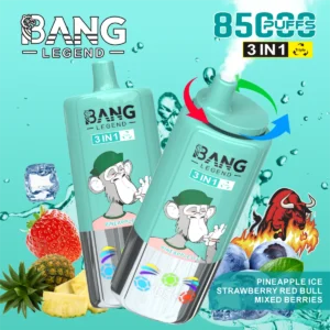 Bang Leader 85K Puffs 3 v 1, tri prilagodljive okuse, Pineapple Ice, Strawberry Red Bull, Mixed Berries, tirkizna barva, gorilski motiv s kapa, ledeni elementi