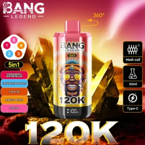 Bang Legend 120K Puffs 5 v 1, scenični prikaz, zelena barva, barvni gorilski motiv, kristalno ozadje, 120K oznaka