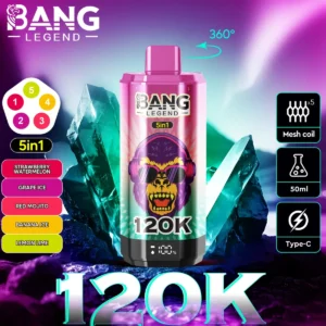 Bang Legend 120K Puffs 5 v 1, seznam okusov, Blueberry Ice, Kiwi Passion Fruit Guava, Triple Melon, Peach Pineapple, Passionate Kiss, 360° preklop okusov