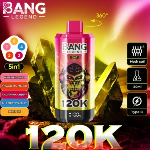 Bang Legend 120K Puffs 5 v 1, 360° rotacijski mehanizem preklapanja okusov, 5 rezervoarjev, prikaz rotacije, zelena barva