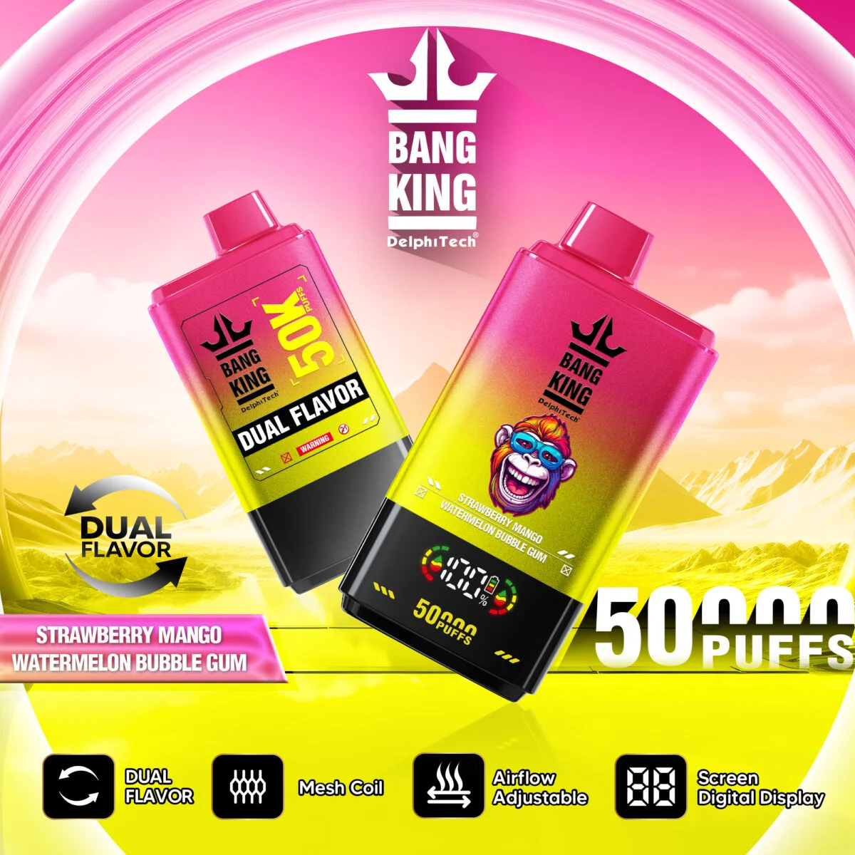 Bang King Dual Flavor 50K Puffs 2U1 enkratna e-cigareta z borovnico-malino in grožđem z ledom okusi