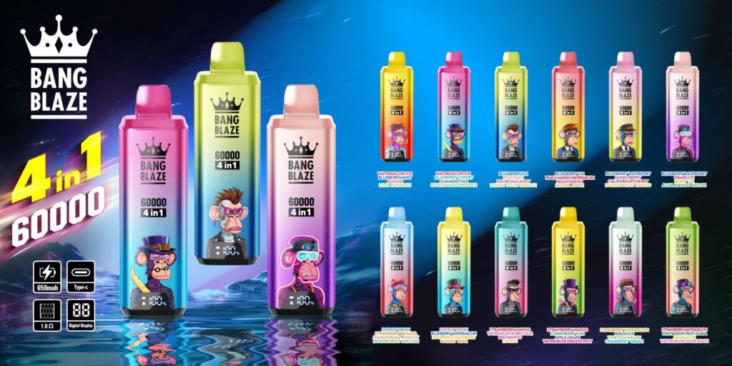 Bang Blaze 4 v 1 60000 Puffs, glavni baner na domači strani, večbarvni izdelki, gorilski motiv, 650mAh baterija, Type-C polnilec, 1.0Ω mrežasti navitje, digitalni prikaz, 4 v 1 okusov