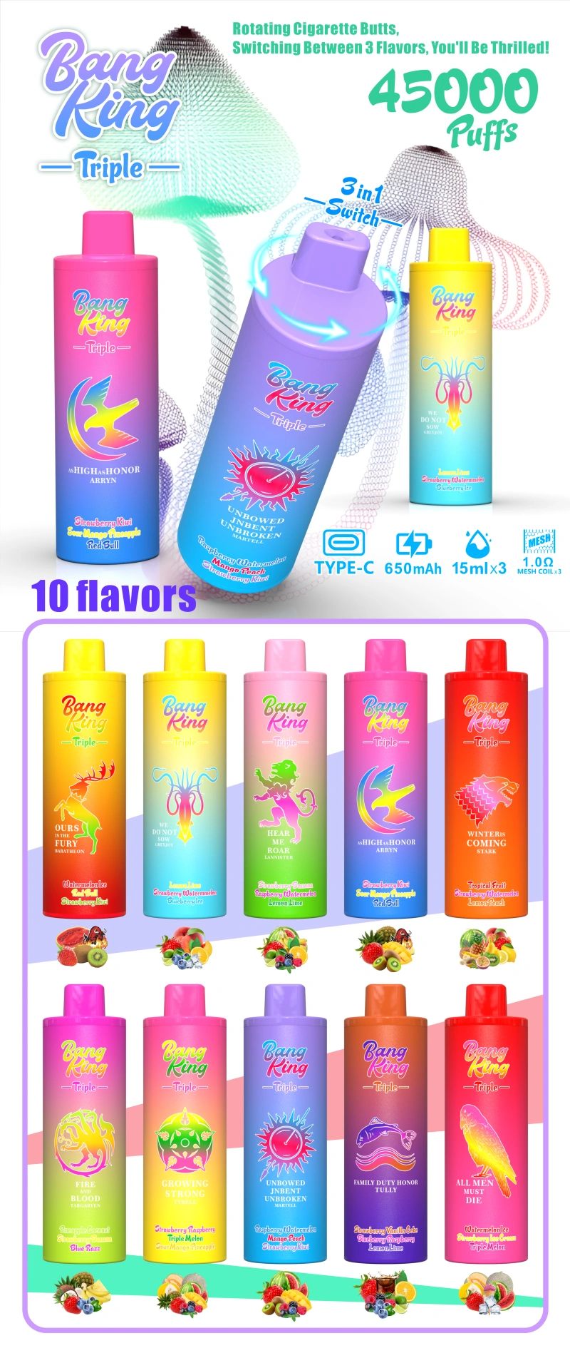 Bang King Triple 45000 Puffs 3u1 enokratna e-cigareta z 10 trojimi voćnimi okusi