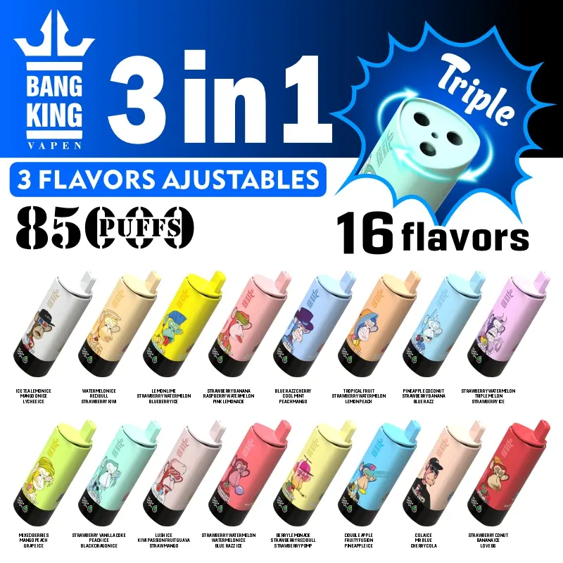 BANG KING Triple 85K Puffs 3u1 enokratna e-cigareta znamke Bang z 48 različnimi voćnimi okusi
