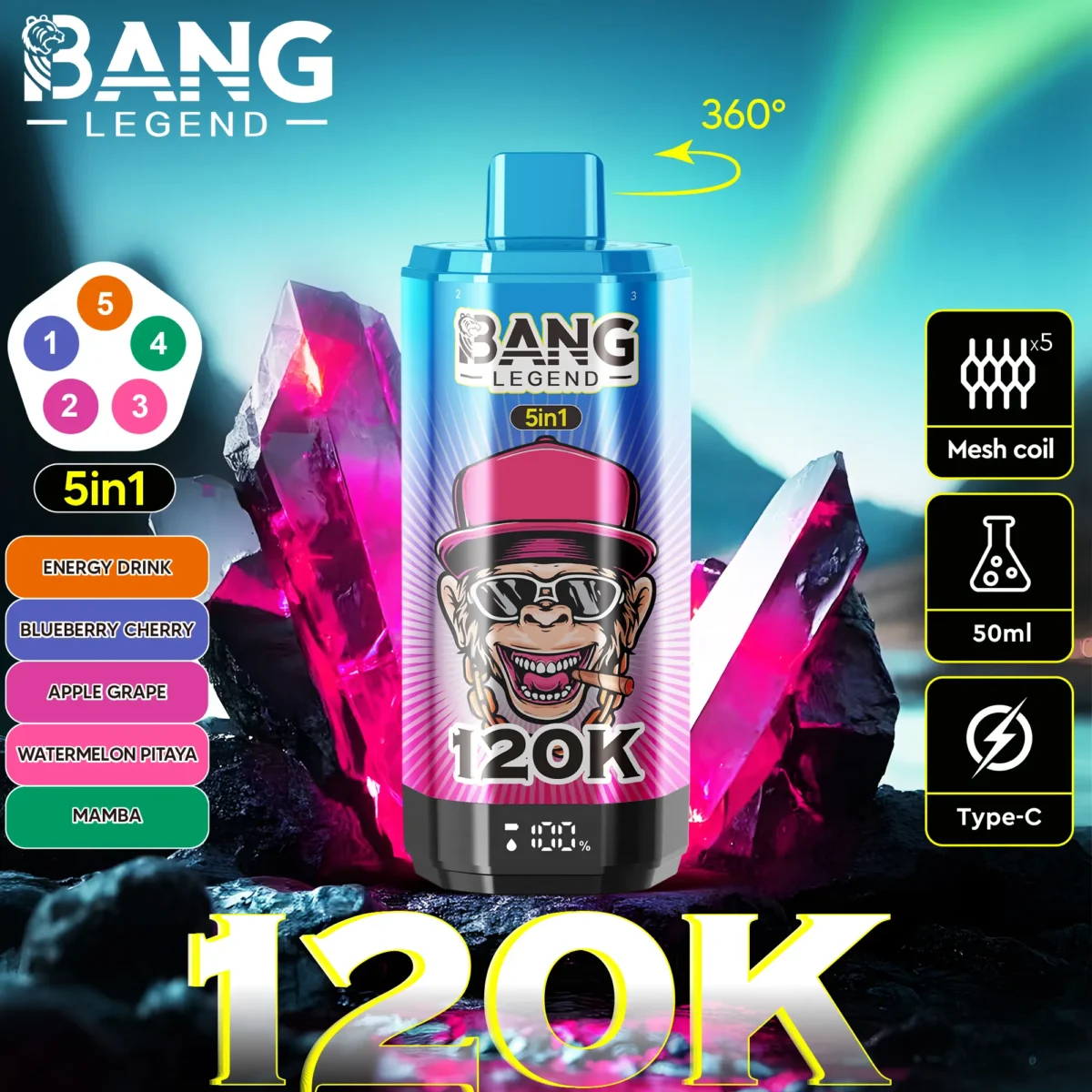 Bang Legend 120K 5u1 enkratna e-cigareta z borovnico in lubenico okusi z ledom