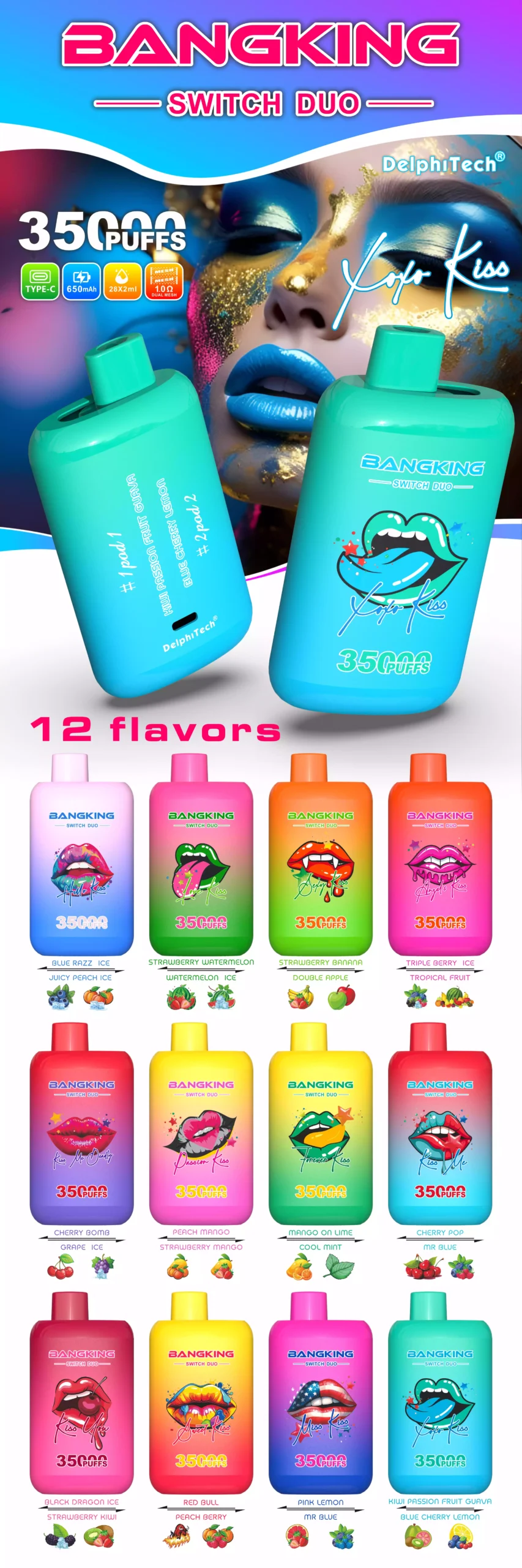 Enokratna BANG KING 35000 Puffs Switch Duo e-cigareta z 12 parov voćnih okusov znamke Bang