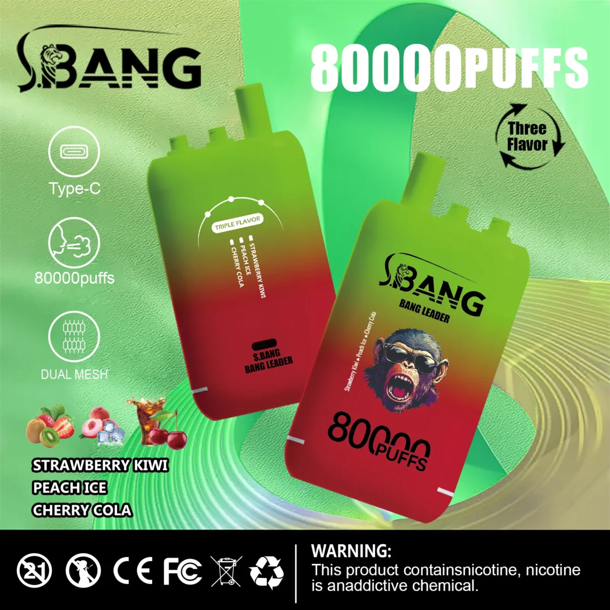Bang Leader 80K PUFFS 3u1 enokratna e-cigareta znamke Bang z 36 različnimi voćnimi okusi